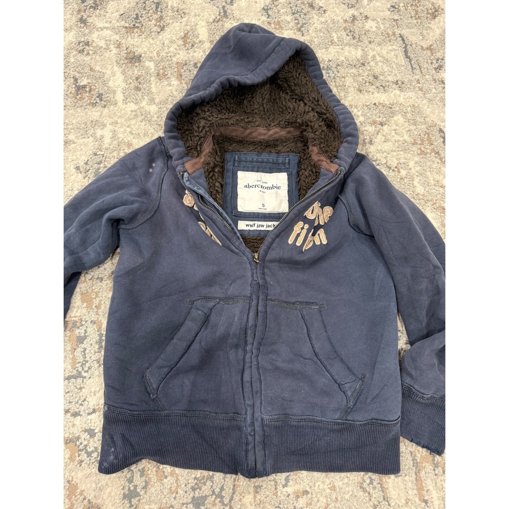 Abercrombie Kids Wolf Jaw Jacket Navy Blue Sherpa Lined Full Zip Hoodie Small